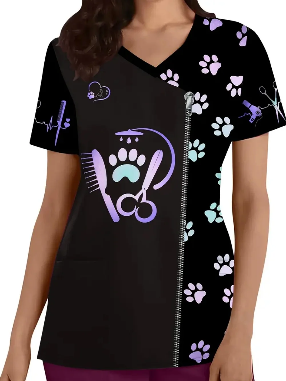 手術服女性獣医犬パターンプリントナーストップスファッションポケット付き V ネック服医療スクラブ女性 Tシャツ