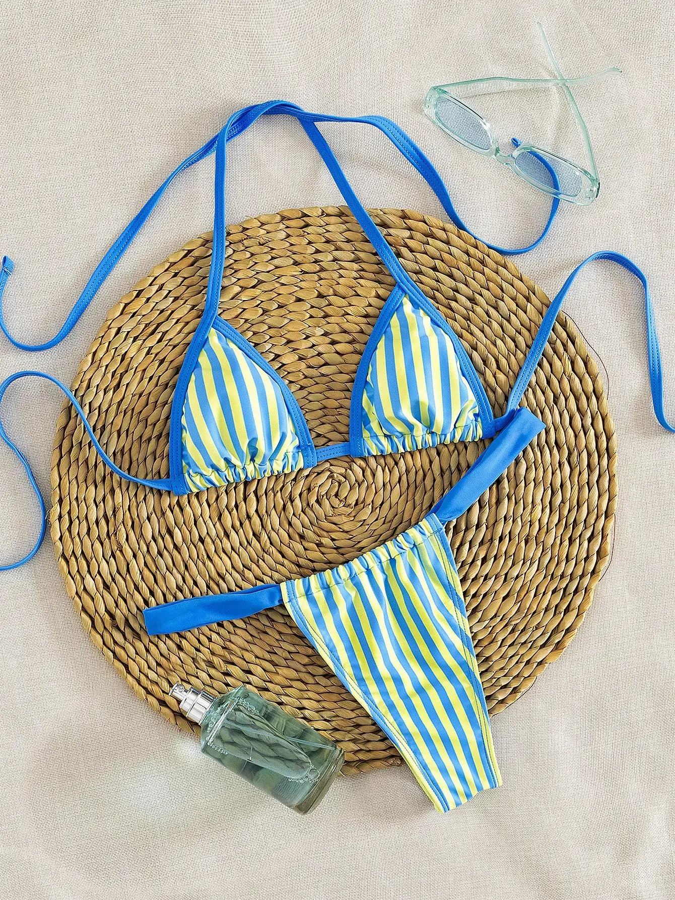 

Blue Yellow Striped Triangle Bikini Set Women Sexy Halter Tie Beach Swimwear