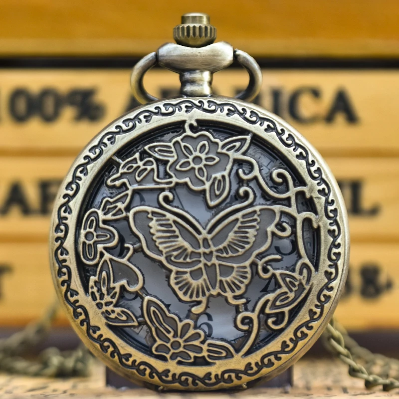 خمر انقطاع صدفي البرونزية الفراشة والزهور نحت الأزياء قلادة كوارتز ساعة الجيب الملحقات