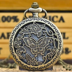 Vintage Cutout Clamshell Bronze Butterfly And Flower Carving Fashion Necklace Quartz Pocket Watch Accessories