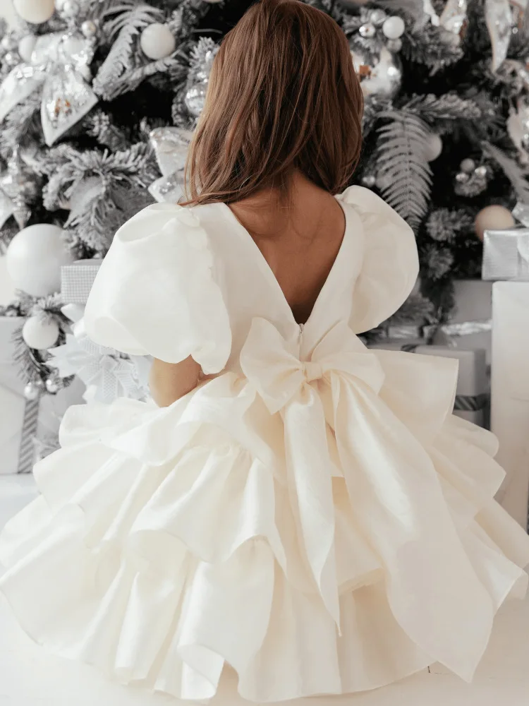 Girls Creamy-white Bow Short Sleeve Wedding Birthday Party Christmas High-End Dress