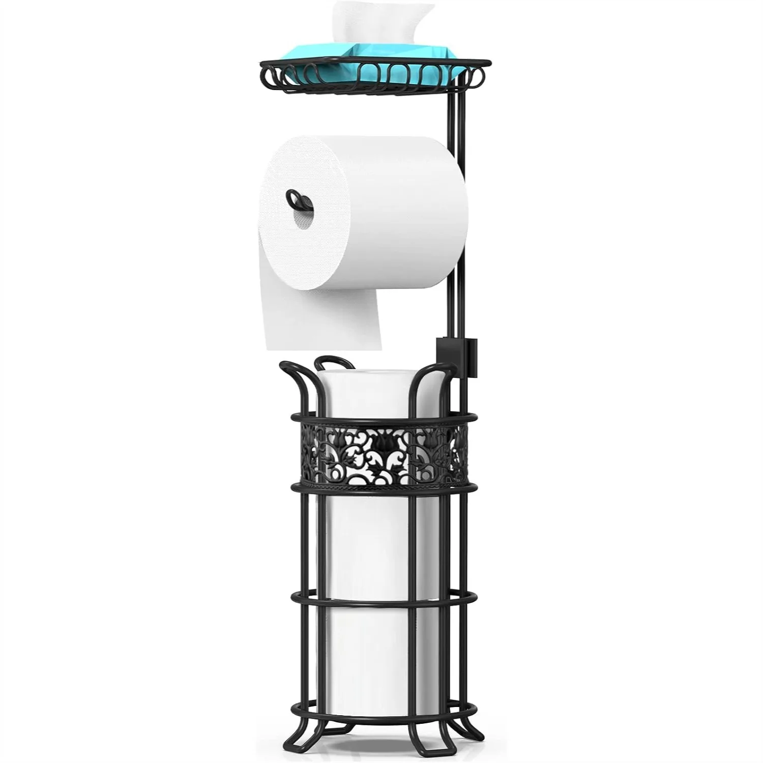 

Toilet Paper Holder Stand with Shelf, Free Standing Holds 3 Jumbo Rolls, Floral Pattern Black for Bathroom RV