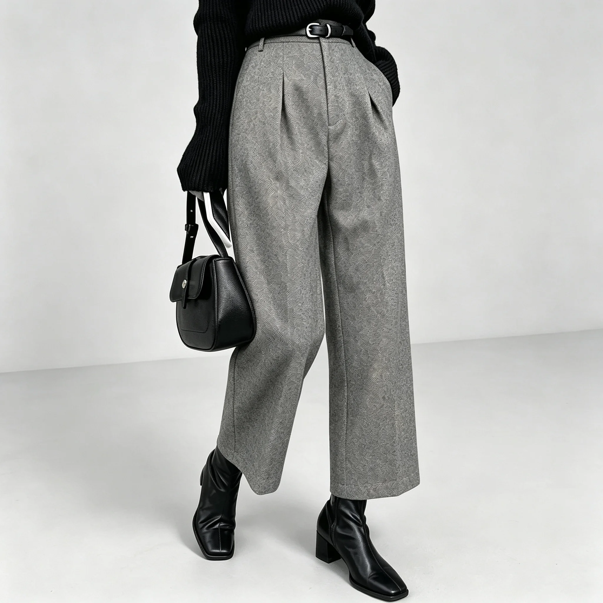 Damen Anzughose in Heather-Grau mit hoher Taille, weitem Bein, Gürtel und knöchellanger Länge für Arbeit, Business und Casual. – Detail 6