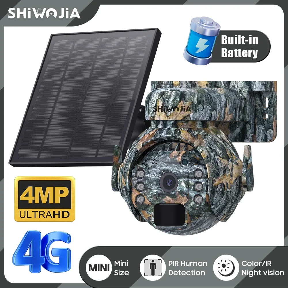 shiwojia cameras de seguranca solar cameras ao ar livre sem fio bateria camuflagem cor camera ptz camuflagem cor 2k visao 360 4mp wifi 4g 01