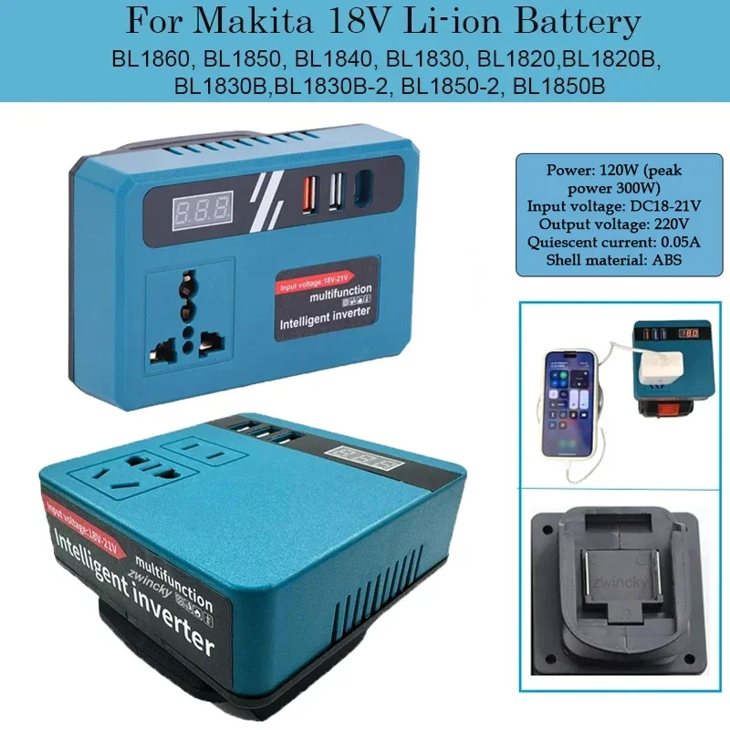 Adaptador de bateria inversora de energia 120W para Makita 18V Li-ion Baterias Plug conversão 220V USB Carga de eletrodomésticos