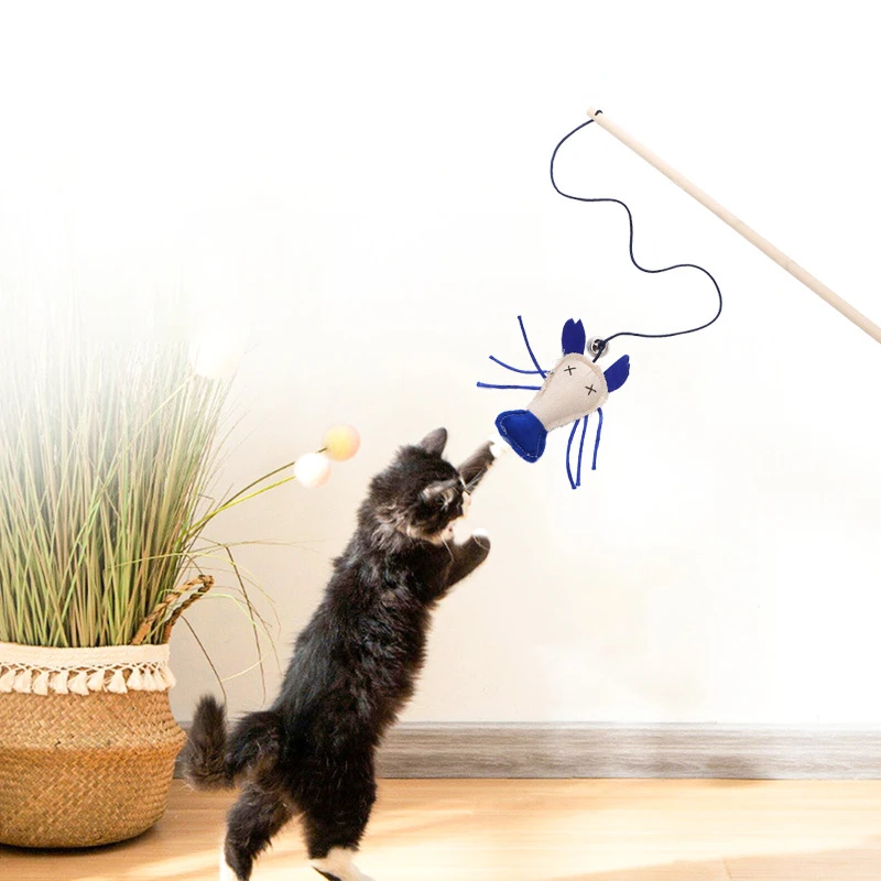 Pet Cat Teaser Multi Color Bird Feather Plush Cat Wooden Interactive Cat Catcher Stick Mouse Fish Cat Interactive Toys with Bell