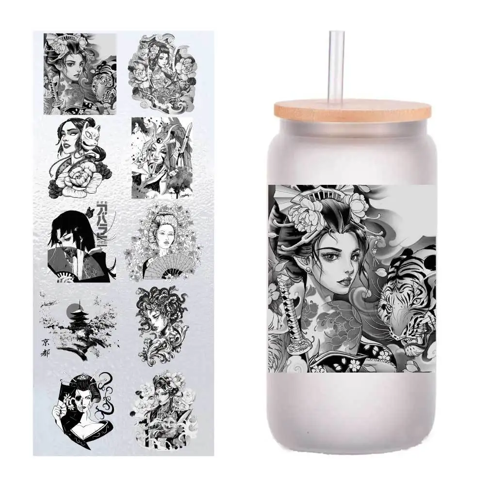 

10 four-inch Japanese black and white geisha UV transfer stickers crystal label glass glass sticker customization