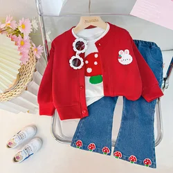 2024 Spring Baby Girls Clothing Sets Rabbit Print Cardigan Coat + Cartoon Mushroom Sweatshirt + Denim Pants Jeans Kids Clothes