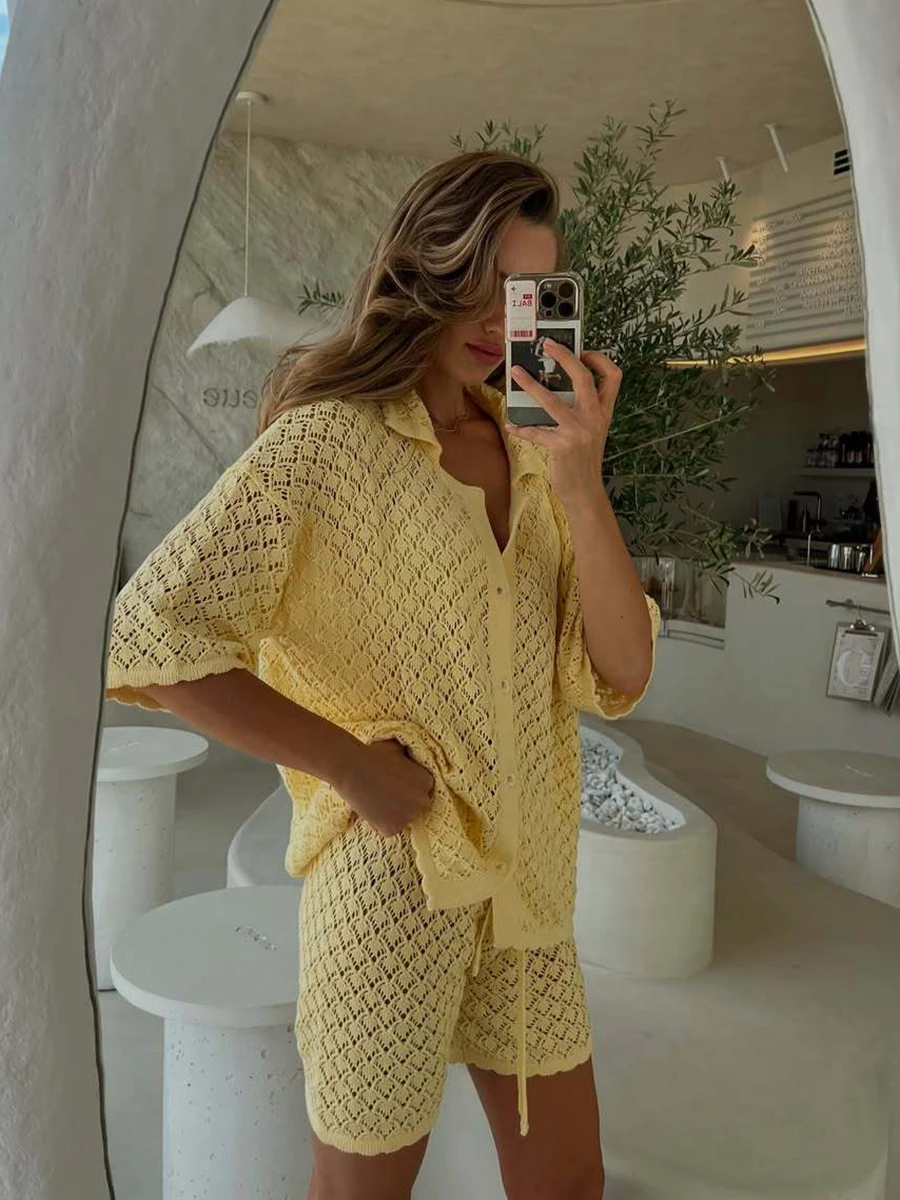 

Yellow Crochet Hollow Out Shorts Sets Women Summer Short Sleeve Cardigan Tops Beach Holiday Drawstring Shorts Knit 2 Piece Set