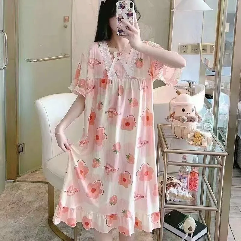 Summer Thin Short Sleeve Sleep Dress For Women Soft Comfortable Breathable Sweet Cute Square Neck Lace Nightgown Homewear