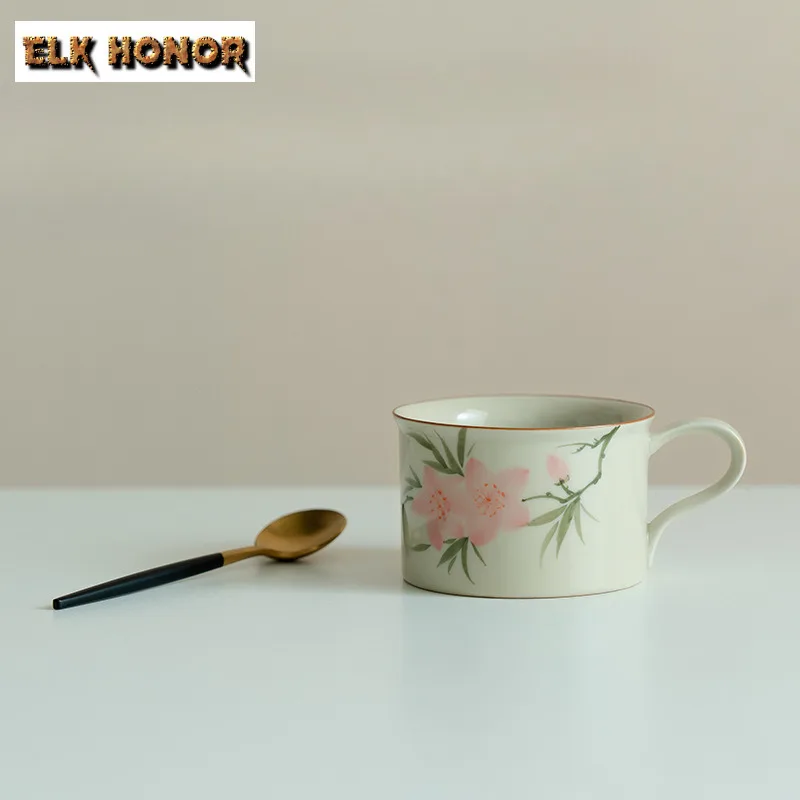 160ml Hand Drawn Pink Peach Blossom Coffee Cup Zen Ceramic Teacup With Spoon Antique Coffee Mug With Tea Maker Cafes Gift Craft