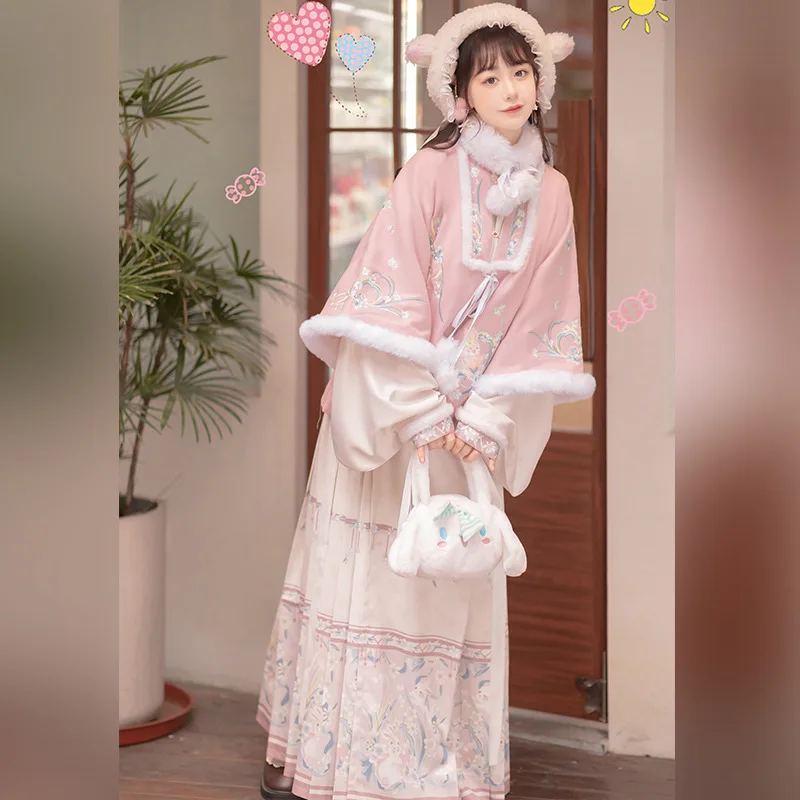 Hanfu-Chaqueta acolchada con cuello bordado para mujer, falda con cara de caballo, terciopelo, Invierno