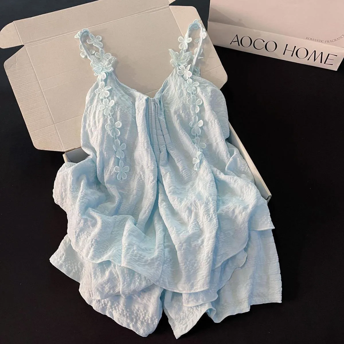 Summer New Women's Strap with Chest Mat Pajama Home Clothes Set Solid Color Loose Strap Shorts Two Piece Set