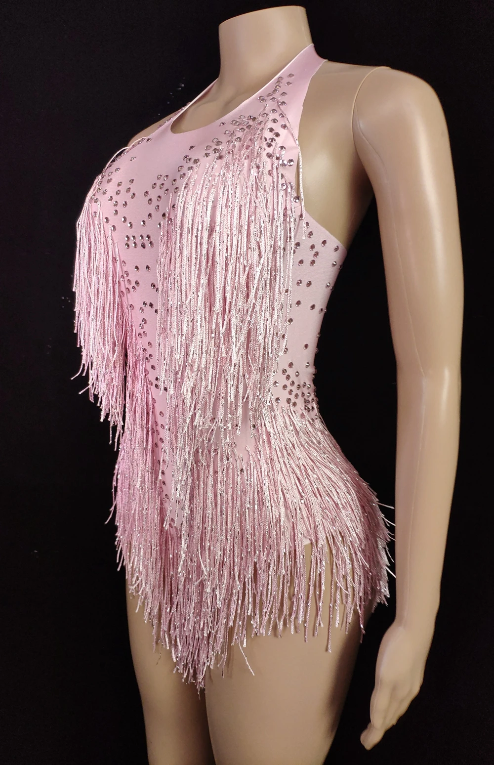 Sparkly Rhinestones Fringes Pink Bodysuit Women Nightclub Dance Outfit Glisten Tassel One-piece Stage Wear Singer Sexy Leotard