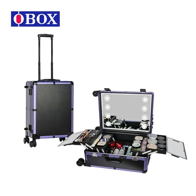Professional Vintage New Trolley Make up Case LED Lights Wheels Stands Travel Table Mirror Cosmetic Organizer Vanity Station