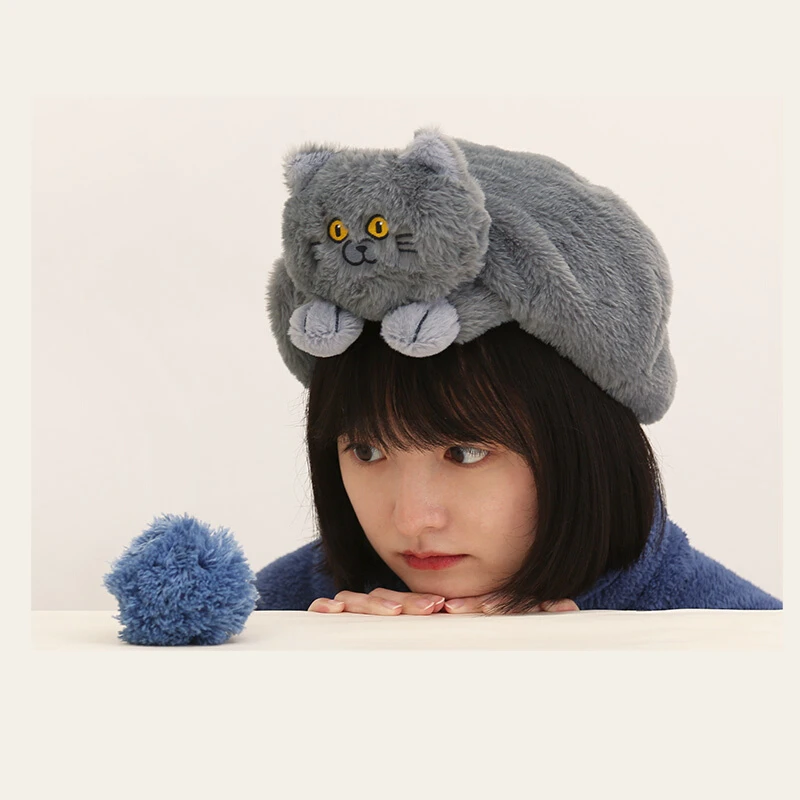 Cloud Factory Cute Cat Hat Fluffy Kitty Beret for Human Fashion Soft New Carton Design Birthday Gift For Girlfriend Lady Kids