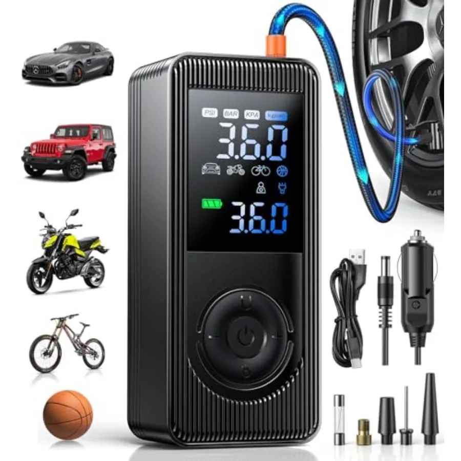 

Tire Inflator Portable Air Compressor - 150 PSI 4X Fast Inflation Rechargeable Battery and 12V DC Adapter Powered Air Pump for