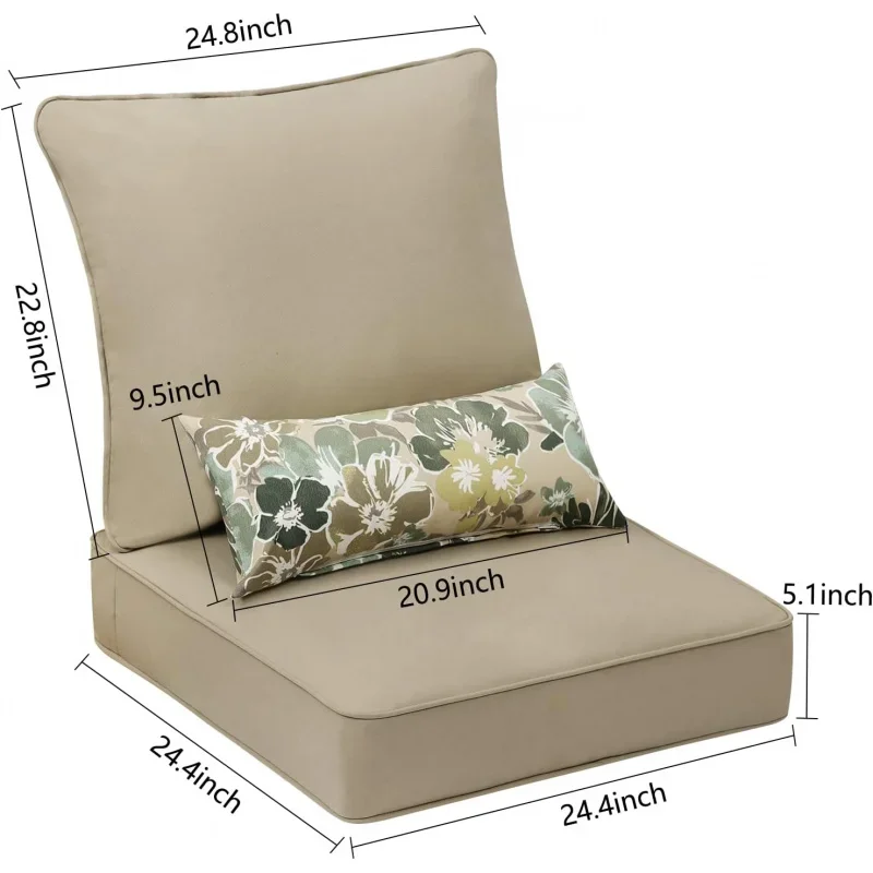 24 ''x 24'' deep chair cushion set, olefin fabric slipcover and sponge foam-Brown (set of 2 seats, 2 backs, 2 Pillo