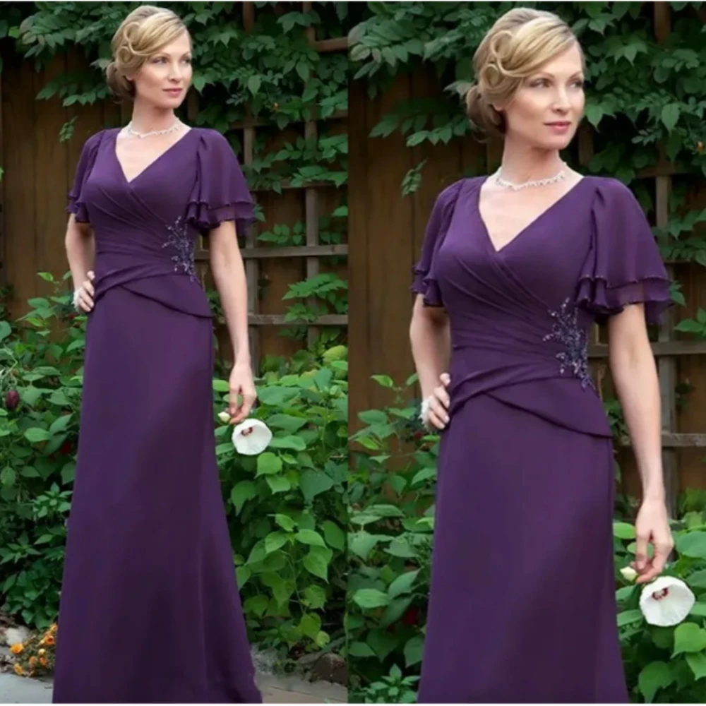 2024 New Dark Purple Mother Of The Bride Dresses Ruched Short Sleeves Mother\'s Dresses Long Chiffon Evening Gowns فساتين السهرة