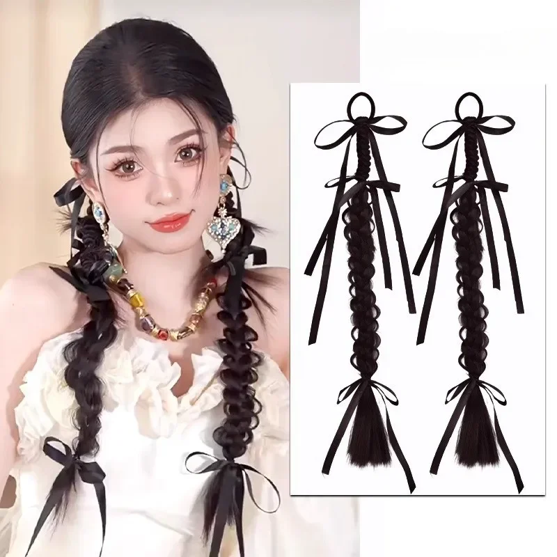 Sweet Bow Synthetic Double Ponytail Braids Wig New Chinese Style Girl Boxing Braids Wig
