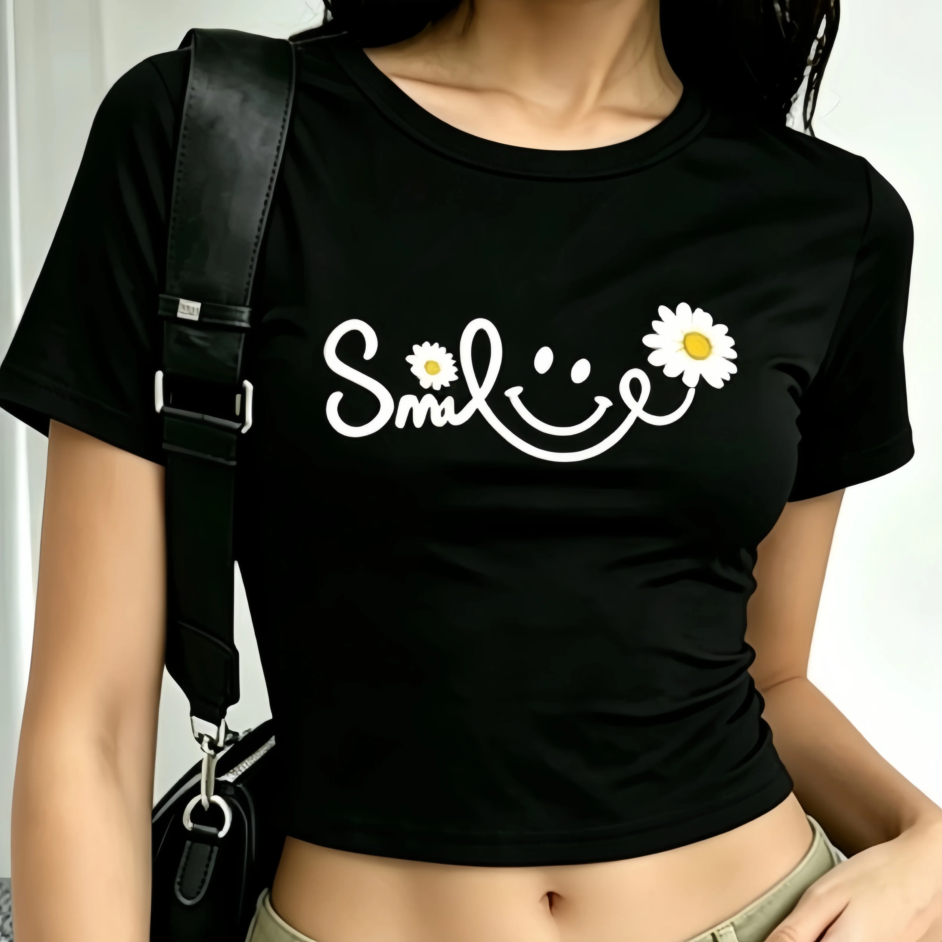 Smile Daisy Letter Crop Tee | Y2K Harajuku Black Fitted | Women's Summer Cotton Top