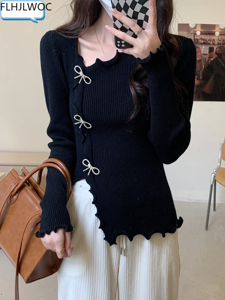 Irregular Split Fungus Edge Knitted Sweater Women\'s New Style Chic Korea Slim Fit Bodycon Sexy Bling Bead Bow JumperS Pullovers