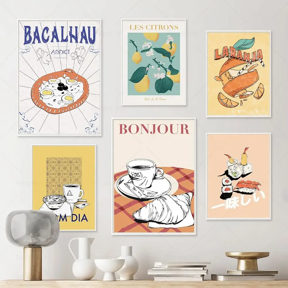 Croissant francés japonés Sushi BOM DIA Portugal café marroquí menta té impresiones Vintage comida pared arte carteles cocina decoración del hogar