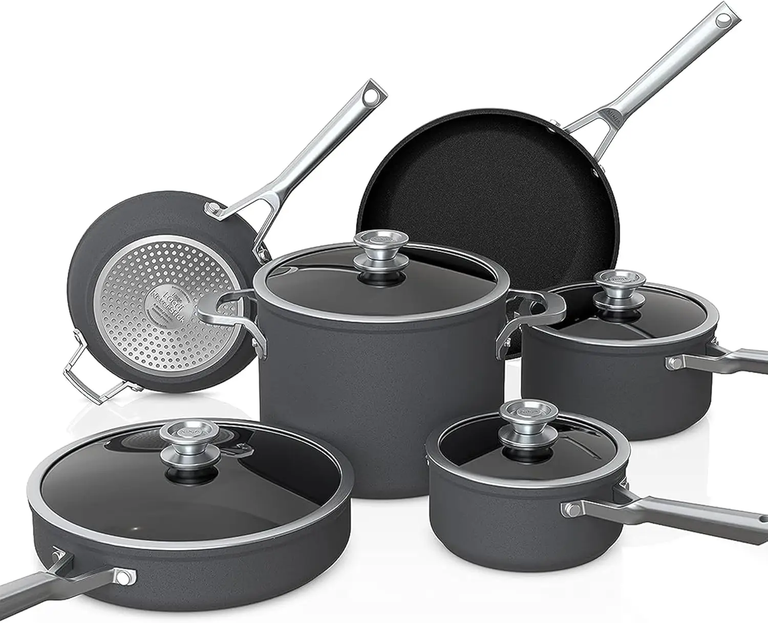 Ninja Neverstick Premium 10 Piece Pots & Frying Pans Set, With Glass Lids, Nesting, Hard Anodized, Kitchen Cookware Sets