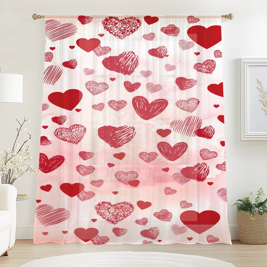 1 peça cortina de gaze decorativa em forma de coração pintada à mão vermelha, romântica e festiva, adequada para quartos e salas de estar