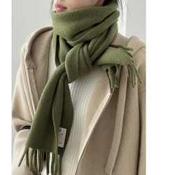 2024 Women Winter Warm Cashmere Scarves Solid Color Tassels Hem Vintage Women Beige Scarf Female Scarves