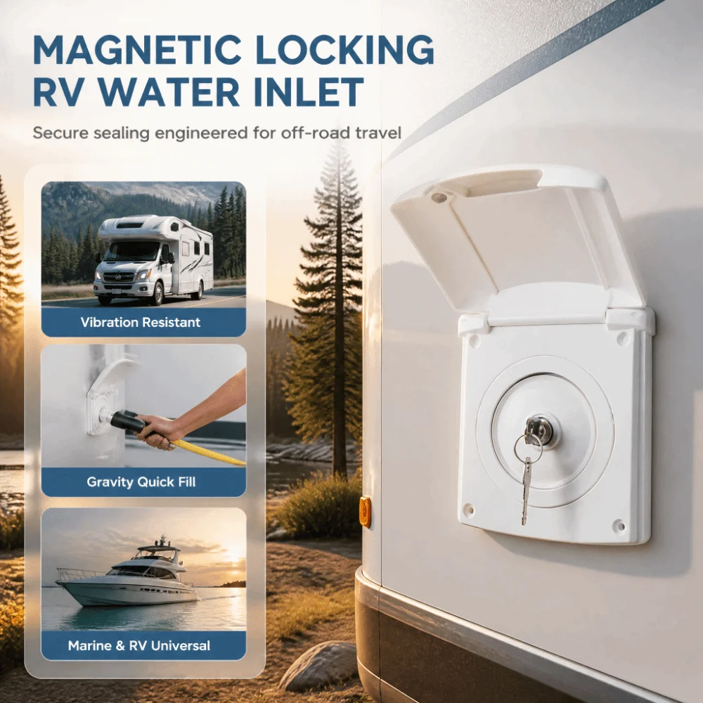 1 Set Durable ABS RV Water Inlet White 39mm Bottom Hole Magnetic Locking Cover Square Bayonet Water Inlet RV