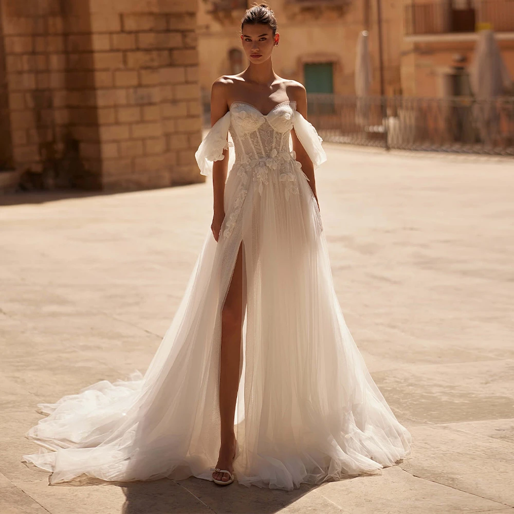 

Customized Elegant White Organza Bridal Gown Formal Sweetheart Off the Shoulder Wedding Dress Classic Court Train Robe de mariée