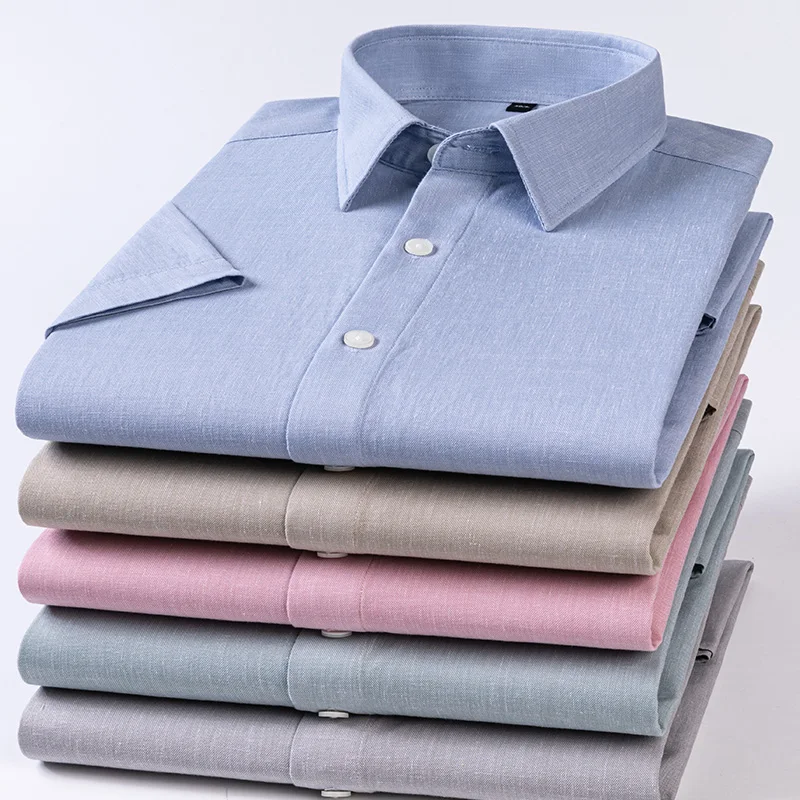Hight quality solid color Linen cotton short sleeve shirts for men slim fit formal shirt soft thin anti-wrinkle office clothes