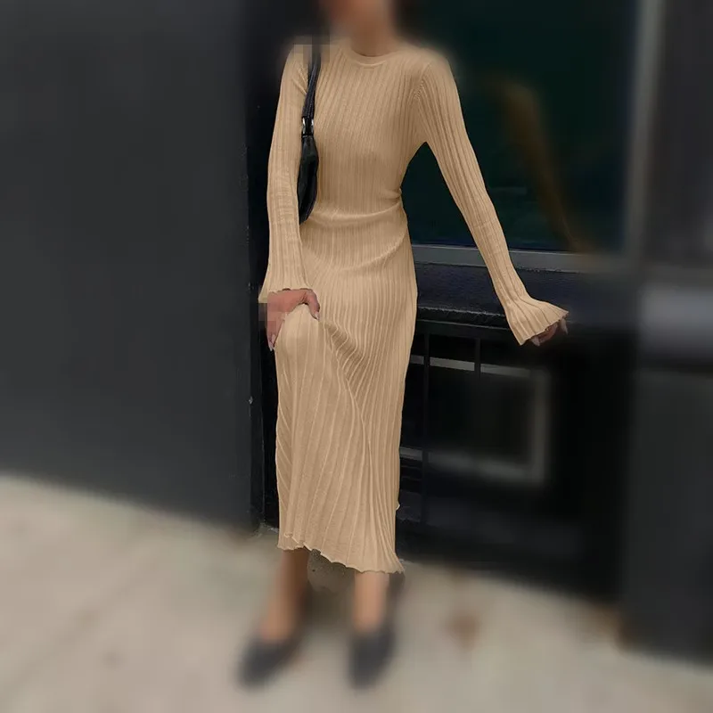 Gonna in maglia con scollo a V autunnale da donna Moda a costine a maniche lunghe a vita alta Abito a pieghe da donna Elegante maglieria Streetwear Abiti
