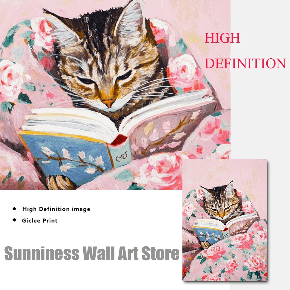 Funny Tabby Cat Reading Books Art Poster Vintage Cute Animals Wall Canvas Painting Book Lover Pet Gift Decoration Pictures Print