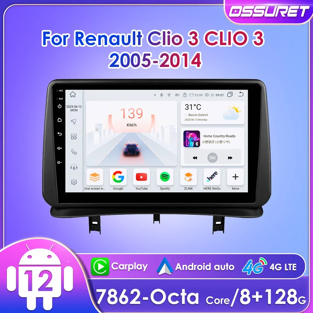 9 "ossuret 2din Android Auto Autoradio Voor Renault Clio 3 2005 - 2014 Ui7862 Multimedia Rds Dsp Carplay Quad Otca Core Head Unit