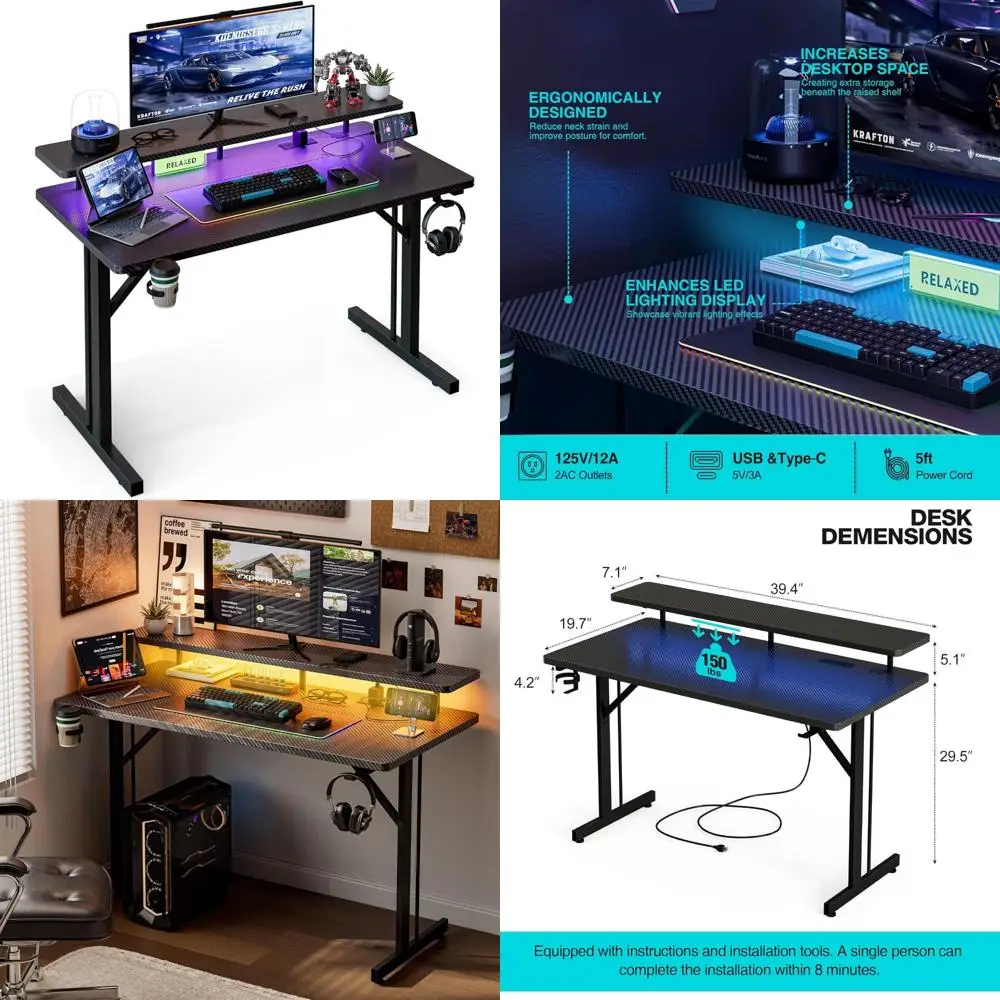 

LED-Illuminated 40 Inch Gaming Desk with Power Outlets and Monitor Stands, Ergonomic Computer Desk with Cup Holder and Hook for