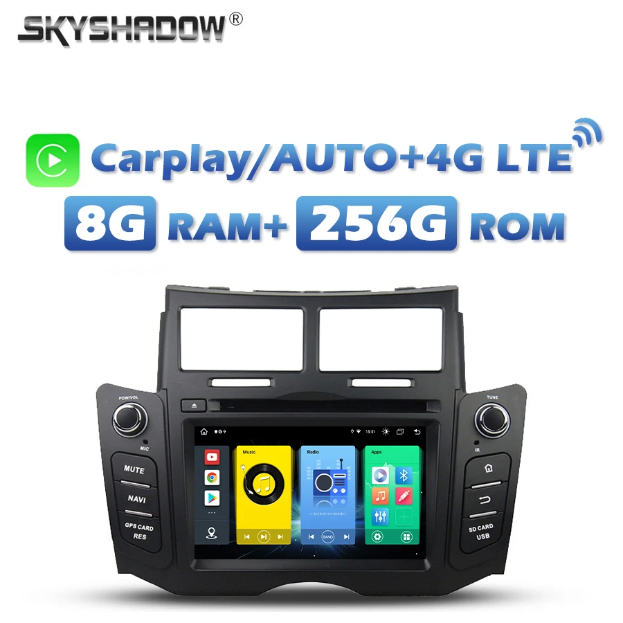 

4G SIM Wireless Carplay Auto Car DVD Player android 13.0 8G+256G 8Core Wifi Bluetooth RDS RADIO GPS For Toyota YARIS 2005-2012