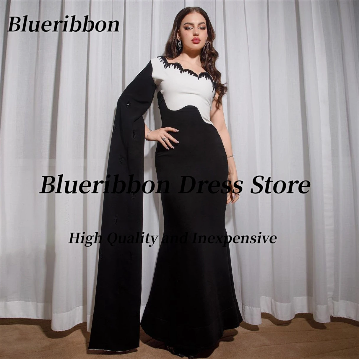 

Blueribbon Modern Black&White Prom Dresses Saudi Arabia Women One Shoulder Long Sleeve Evening Party Special Banquet Dress