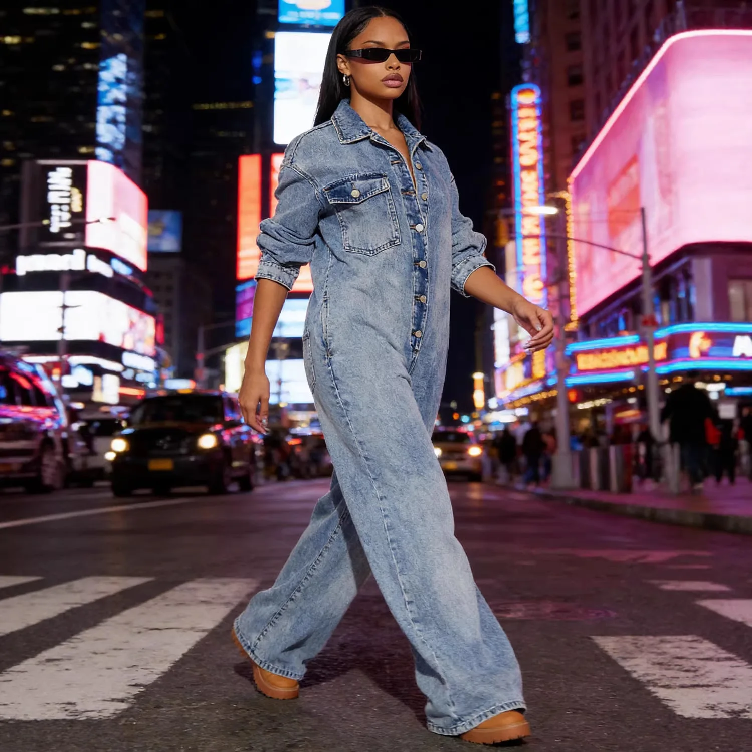 

2026 Spring Summer New Women Fashion Elegant Denim Jumpsuit Button Front Long Sleeve One Piece Overall