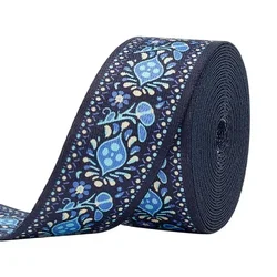 5 Yards Vintage Jacquard Ribbon Trim Royal Blue Ethnic Style Embroidery Polyester Ribbons Flower Pattern Sewing