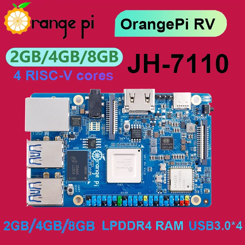

Orange Pi RV 2GB/4GB/8GB LPDRR4 RAM RISC-V Dev Board StarFive JH-7110 Chip WiFi-BT5.0 BLE M2 PCIE SSD Single Board