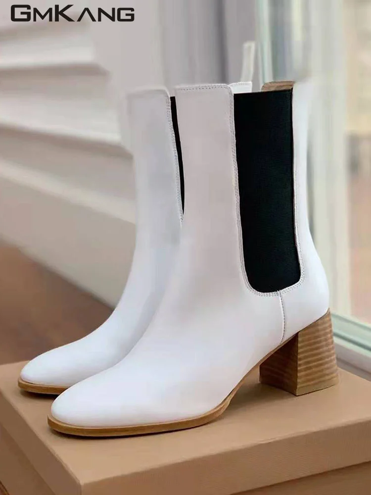 Classic Square Heels Short Boots Woman Genuine Leather Round Toe Mid Calf Boots Lady High Heels Runway Shoes Women Botas