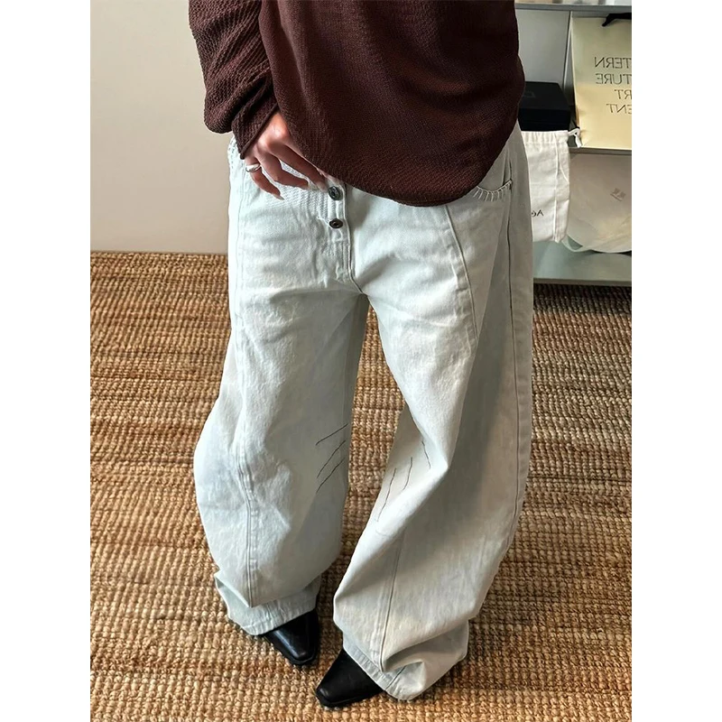 2026 Summer American Retro Fashion Women Single Breasted Curved Knife Jeans Loose Casual Versatile Wide Leg Streetwear Pants