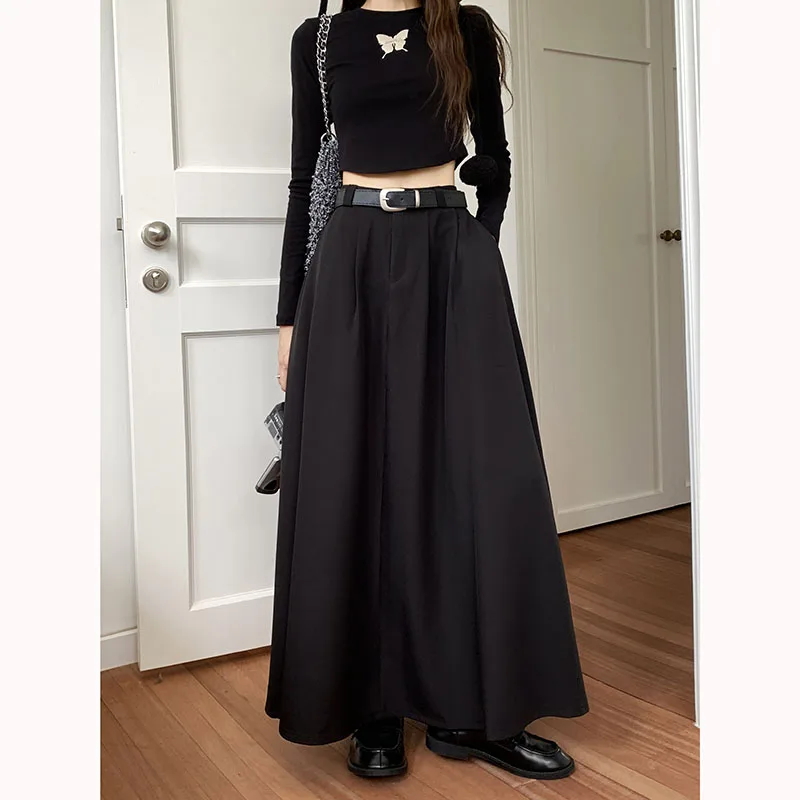 3Colors S-XL Autumn Female New Long Suit Skirts 2023 Women High Waist Ball Grown Maxi A Line Skirt Female+belt (L5150)