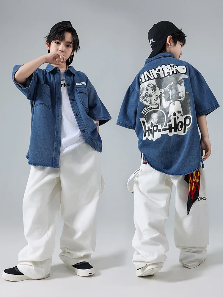 

Handsome Boys Hip Hop Dance Costume Denim Shirt Coat White Pants Street Dance Clothing Teenager Hiphop Competition Wear BL12811