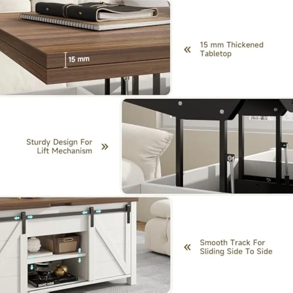 Farmhouse Lift Top Coffee Table with Sliding Barn Door,Rustic Center Table with Hidden Storage Compartment,Storage Coffee Table