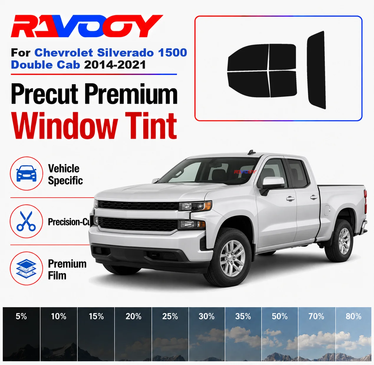

Premium Precut Window Tint Kit Front Rear Windows For Chevrolet Silverado 1500 Double Cab 2014-2021 Car Solar Nano Ceramic Film
