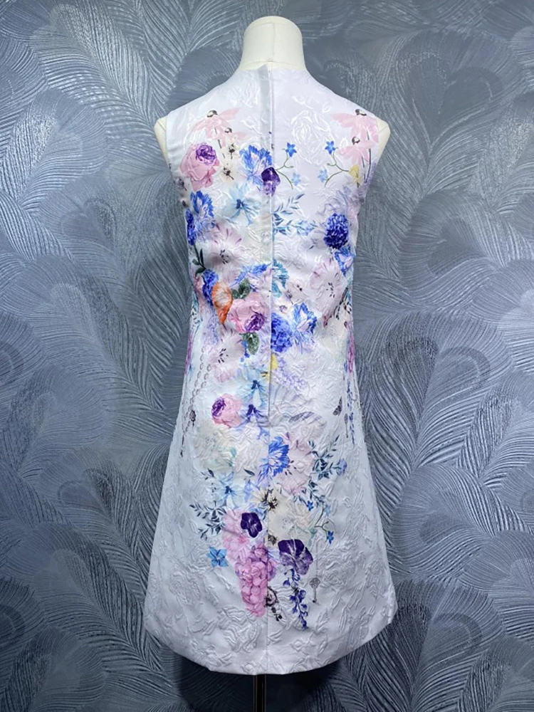 DLDENGHAN damska O-Neck bez rękawów diamenty frezowanie kwiaty drukuj kamizelka w stylu vintage sukienka moda wiosna nowość