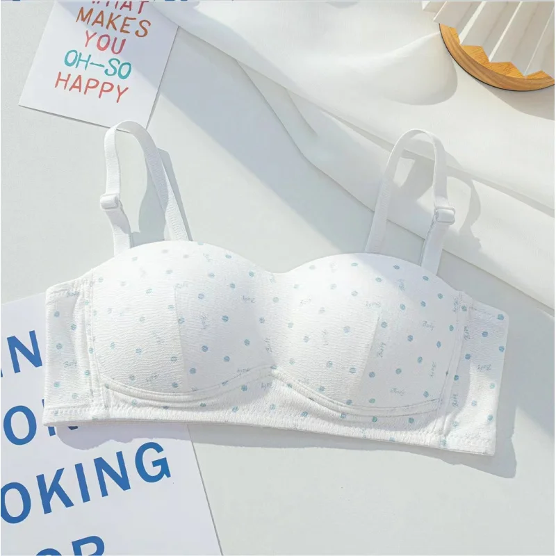 새로운 여자 폴카 도트 고등학생 강철 반지가 없는 여성을 위한 끈이 없는 속옷은 처진 방지 얇은 브래지어를 수집합니다